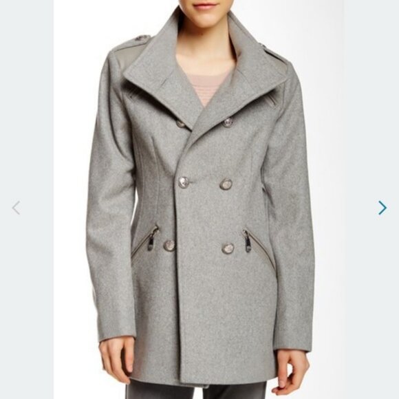 Vince Camuto Faux Leather Trim Double Breasted Wool Military Coat M - Picture 2 of 10